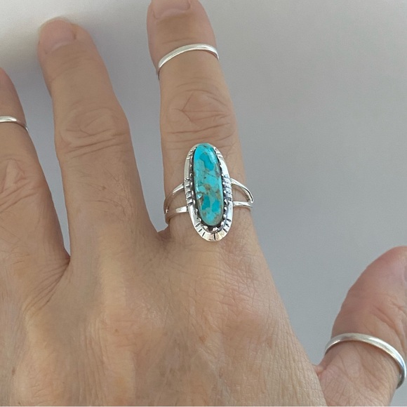 Sterling Silver Oval Genuine Turquoise Ring with Shank, Boho Ring, Silver Rings - Picture 5 of 13